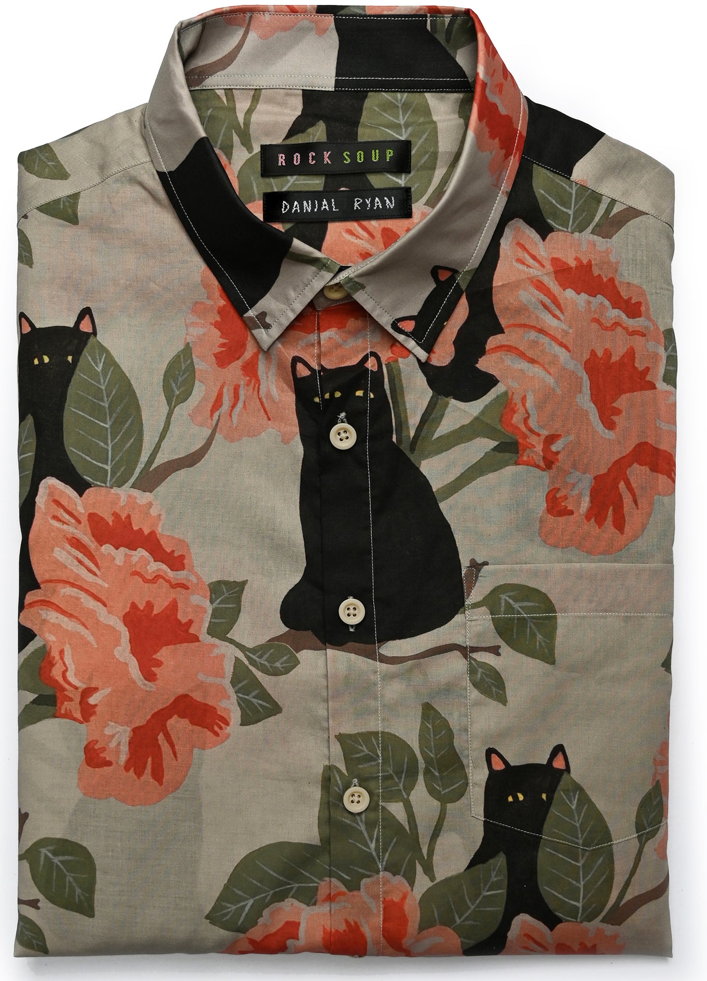 cat dress shirt Men's white shirt with black printed cats